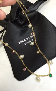 Multicolor Zirconias and Pearls Necklace 18K Gold Filled
