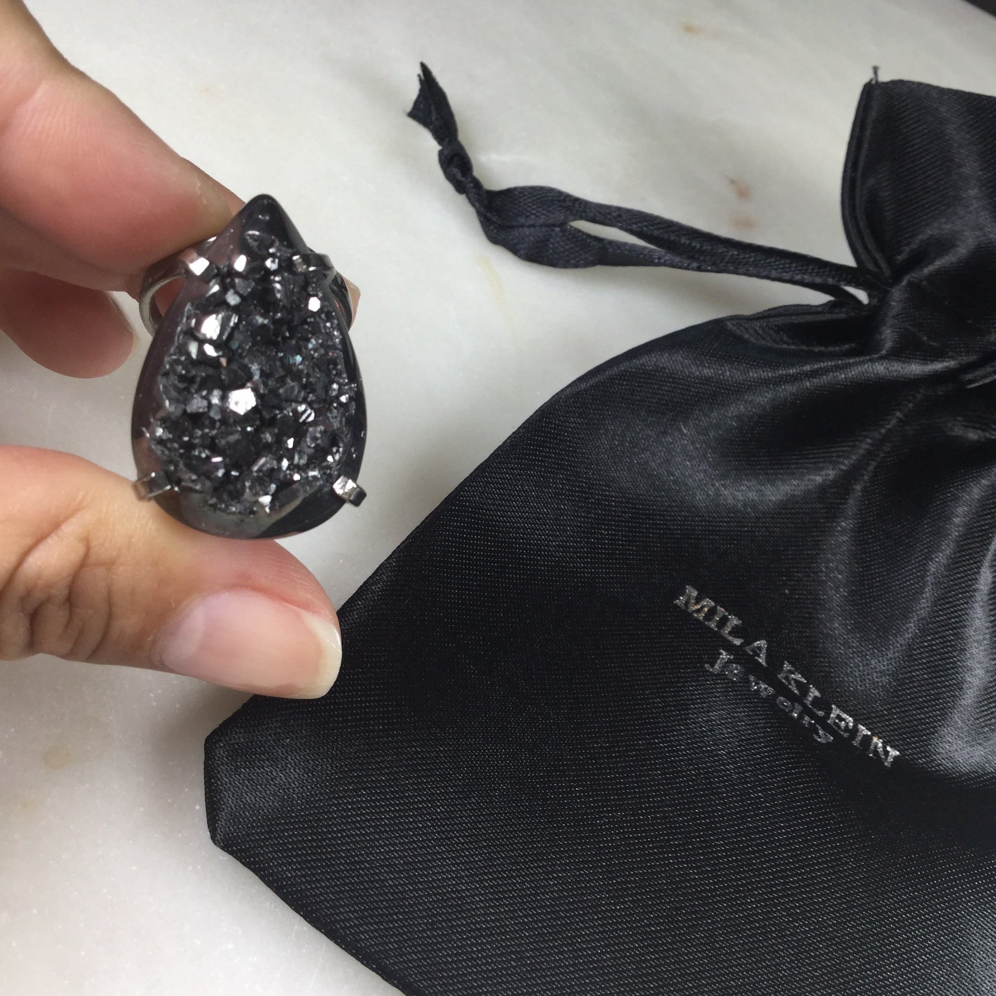 Statement Pear Shape Black metallic Druzy Arc Ring Black Rhodium