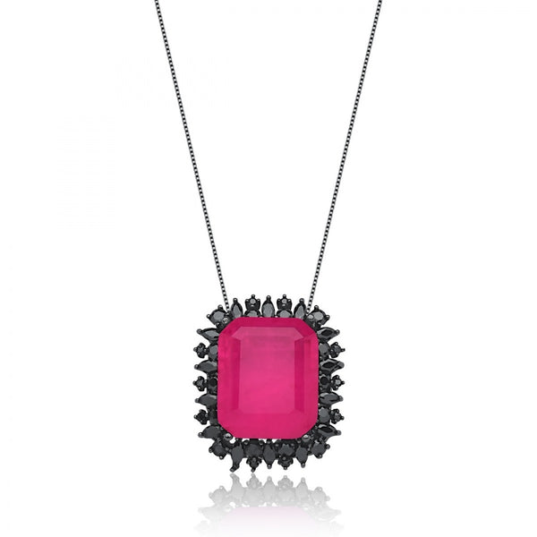 Rectangle Pink Tourmaline fusion stone Black Rhodium Necklace