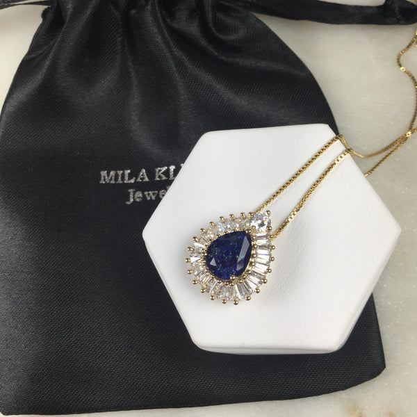 Sapphire fusion Drop Necklace 18K Gold Plated and  baguettes