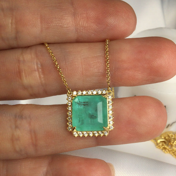 Delicate Square Greenery Stone Necklace and Diamondettes 18K Gold Plated