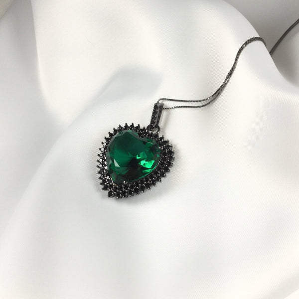 Maxi Heart Necklace Emerald Crystal  and micro black zirconia