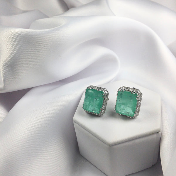 Rectangle Earrings Colombian Emerald and Diamondettes