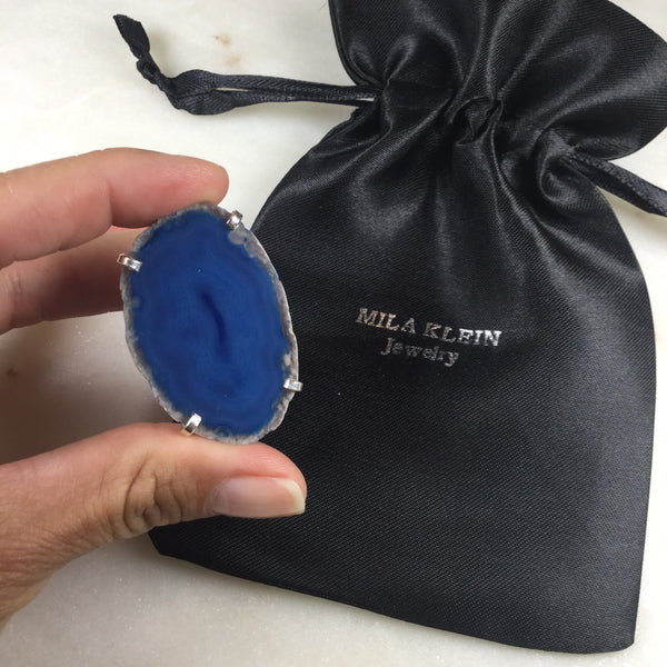Statement Blue Agate Silver Plated Cuff Ring Adjustable