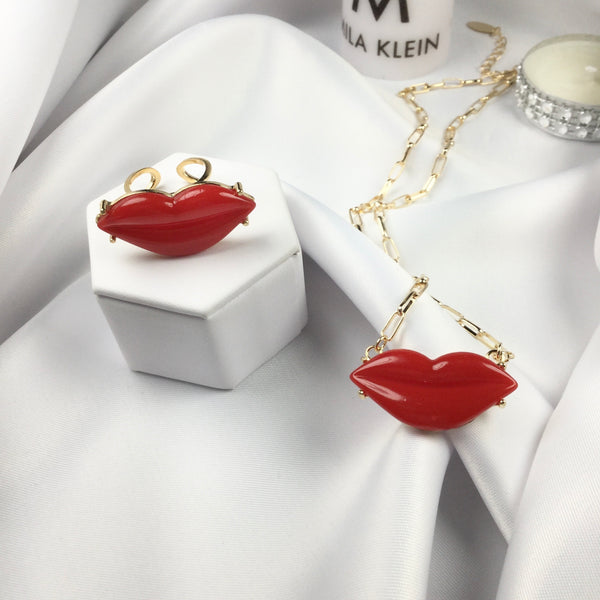 Fashion Red Lip Necklace 18k Gold Plated