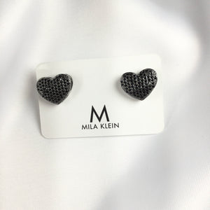 Heart Studded Earrings Micro Zirconia Black Rhodium