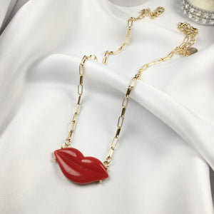 Fashion Red Lip Necklace 18k Gold Plated