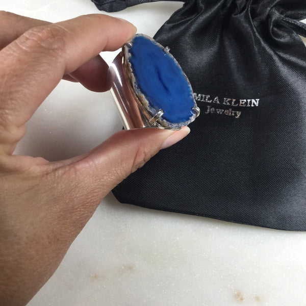 Statement Blue Agate Silver Plated Cuff Ring Adjustable