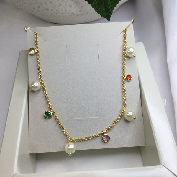 Multicolor Zirconias and Pearls Necklace 18K Gold Filled
