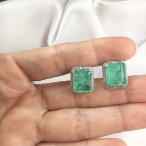 Rectangle Earrings Colombian Emerald and Diamondettes