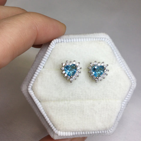 Mini Heart Aquamarine Crystal Earrings White Rhodium