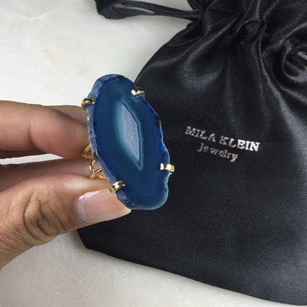 Statement Blue Agate 18K Gold Plated Wire Ring Adjustable