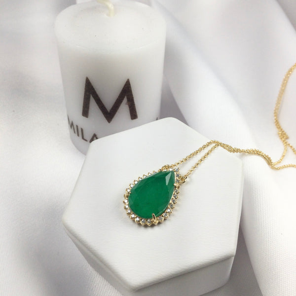 Drop Shaped Emerald Necklace and 18K and Diamondettes