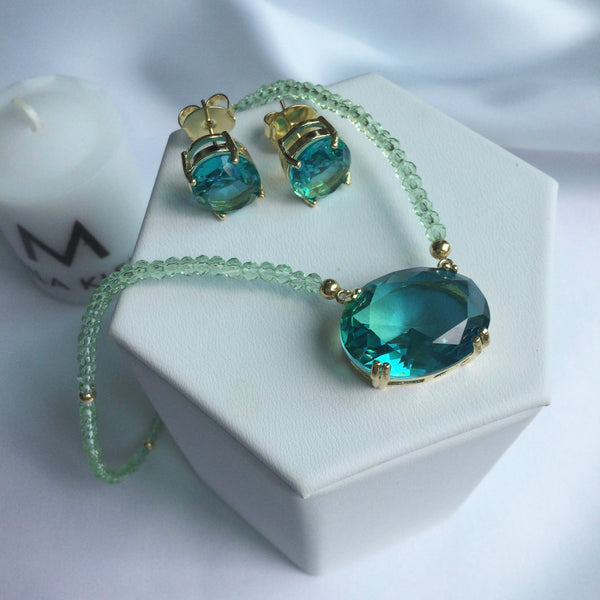 SET Emerald Necklace Crystal and Oval Earrings 18k Gold Plated