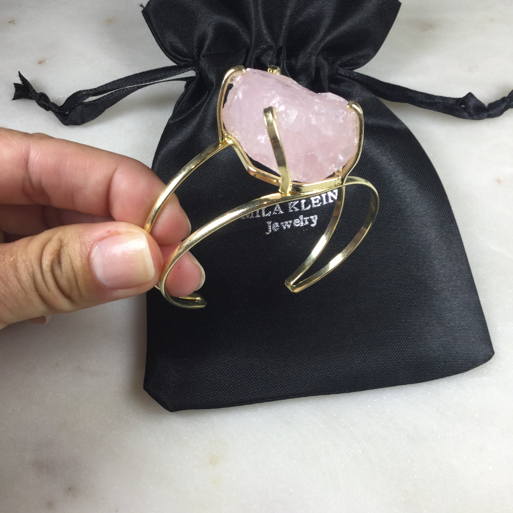 Statement Pink Quartz 18k Gold Plated wire Bracelet Adjustable