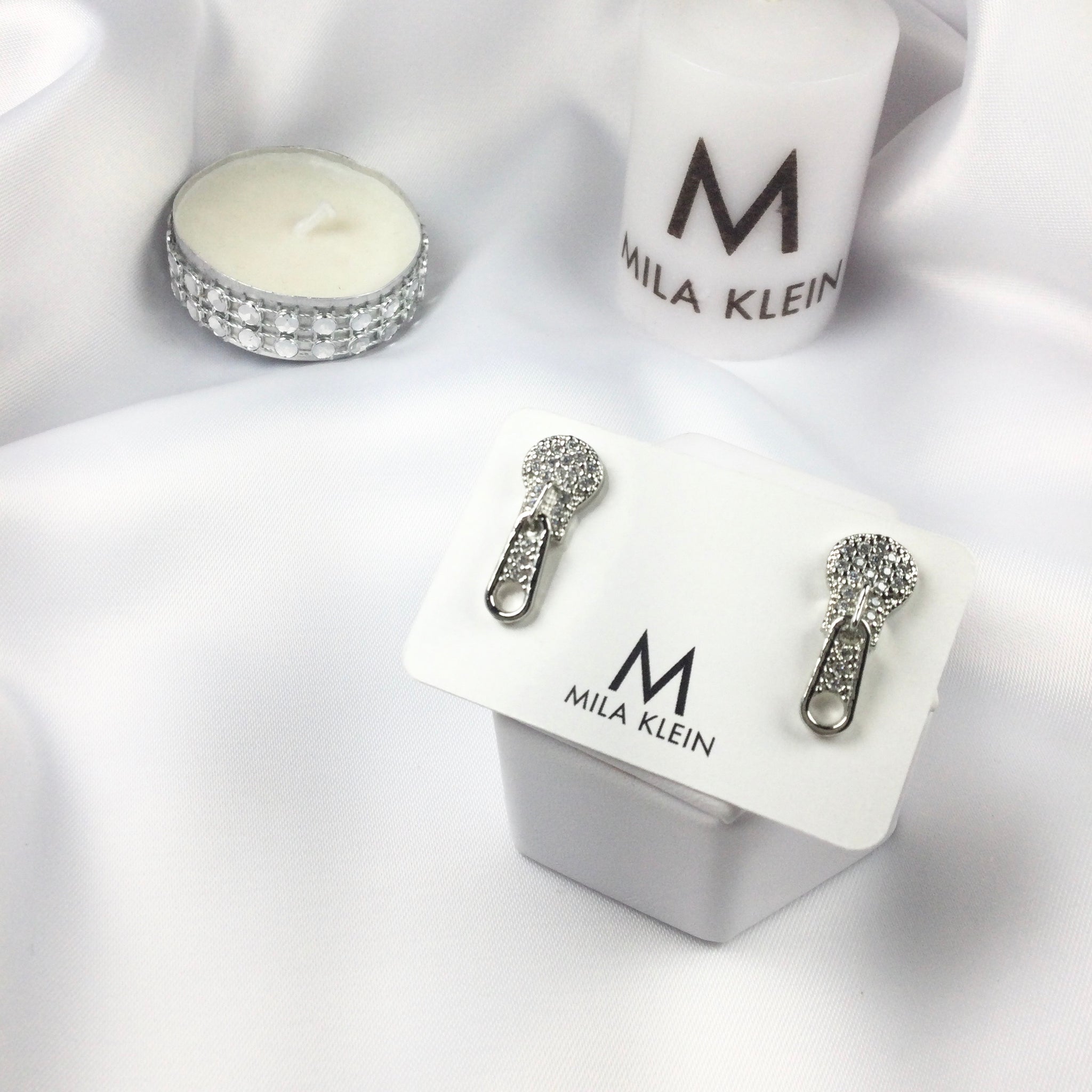 Zipper Studded Earrings White Rhodium