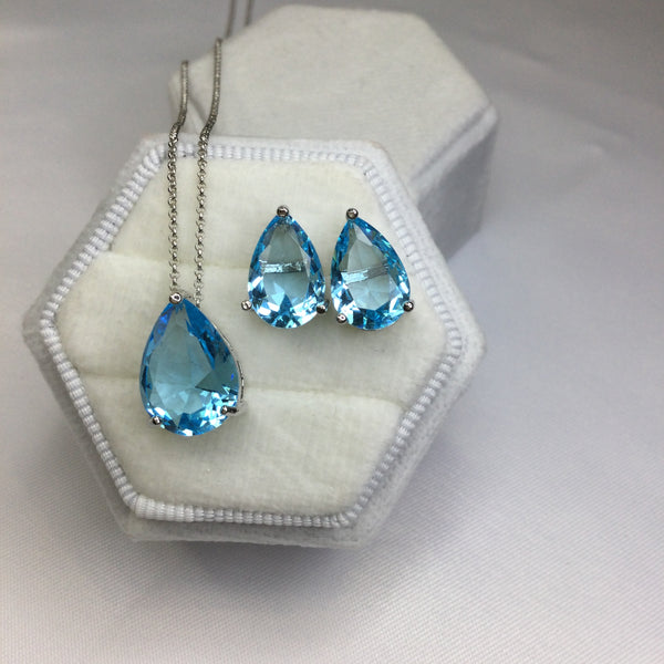 Set Earrings Necklace Blue Crystal White Rhodium Plated