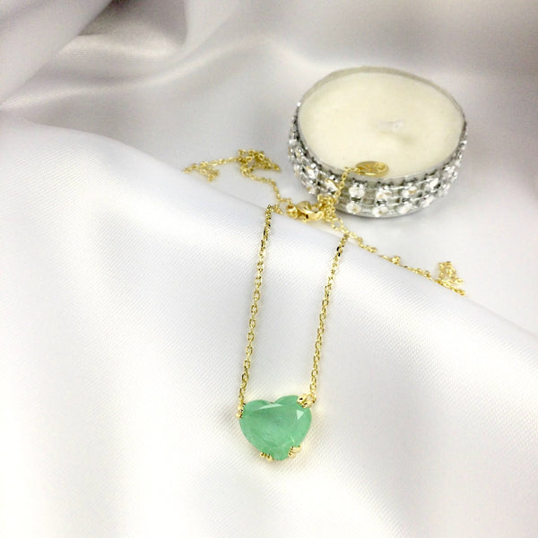 Heart Greenery Stone Necklace 18k Gold Plated