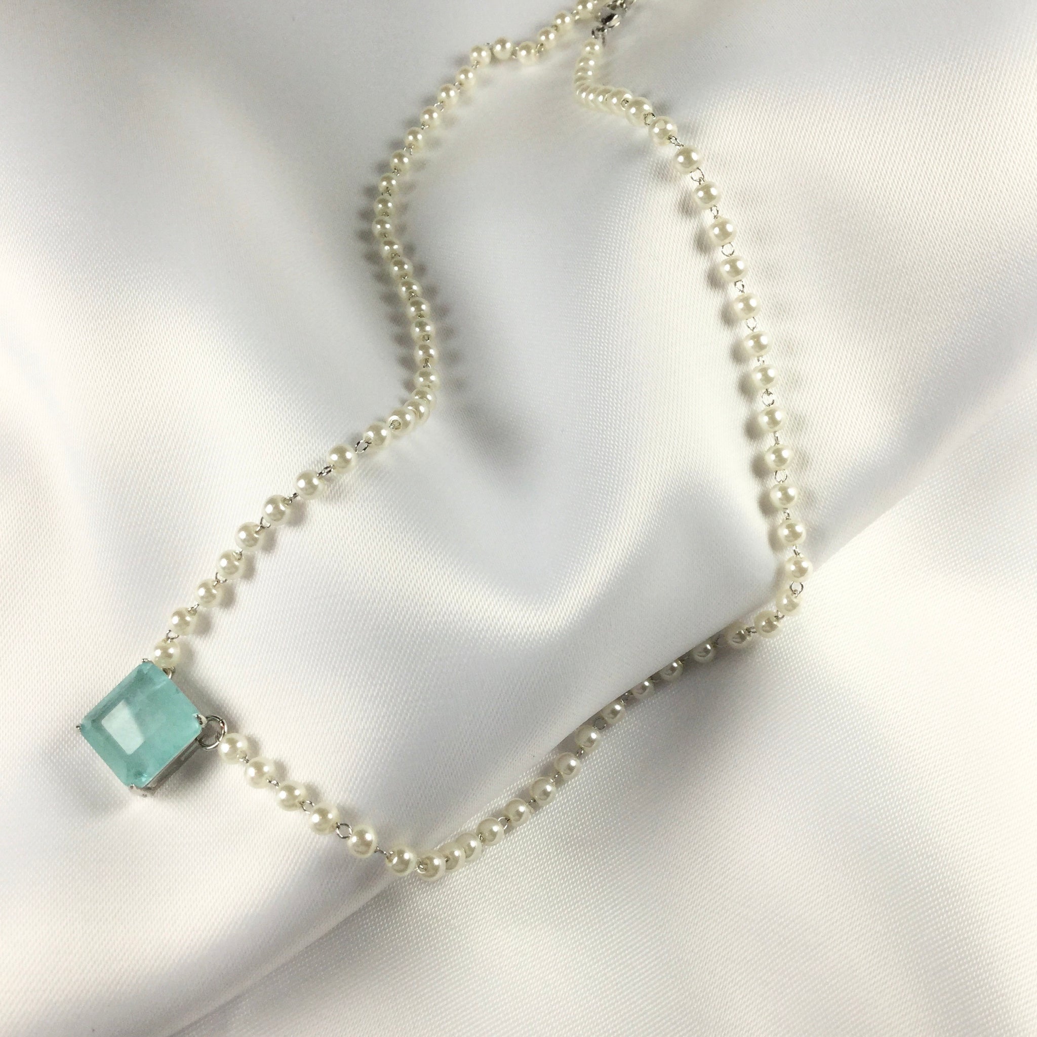 Delicate square light blue fusion stone and pearl