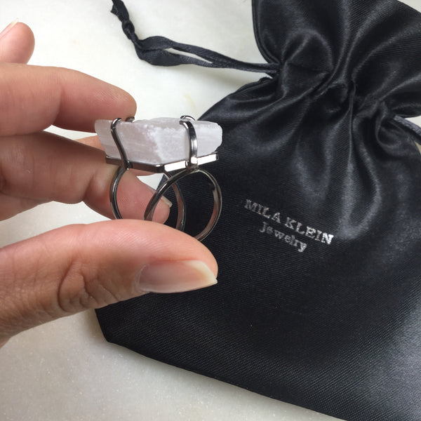 Statement Selenite Black Rhodium arc ring adjustable