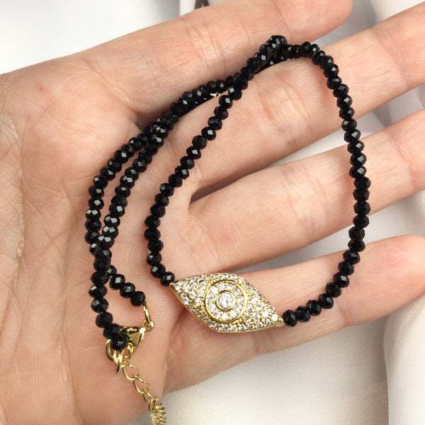 Black Crystal Evil Eye Choker 18k Gold Plated Diamondettes