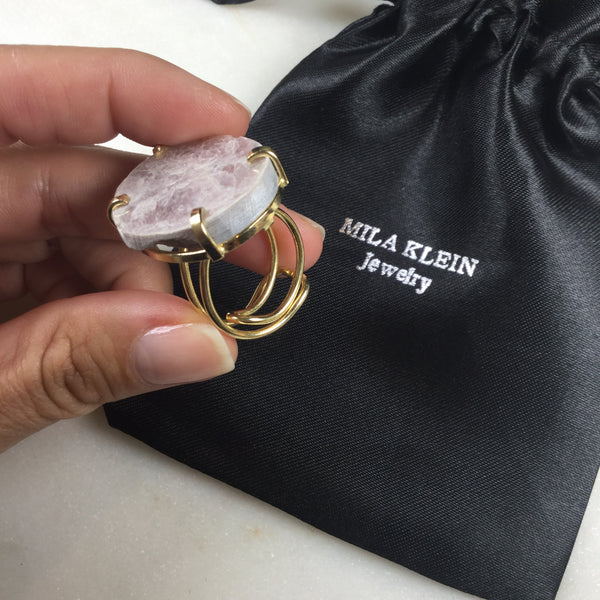 Statement Oval lepidolite wire ring 18K Gold Plated Adjustable