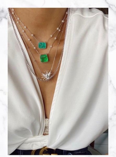 Luxury Square Emerald necklace and Pearls.