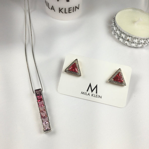 SET Necklace Pink Ombré+ Triangle red rubelitte earrings