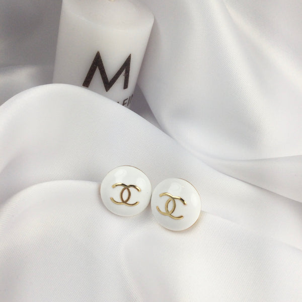 White Famous Brand Inspired Studded Earrings 18k Gold Plated