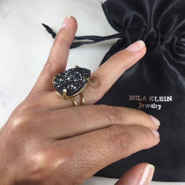 Statement Black Metallic Druzy 18k Gold Plated arc Ring Adjustable