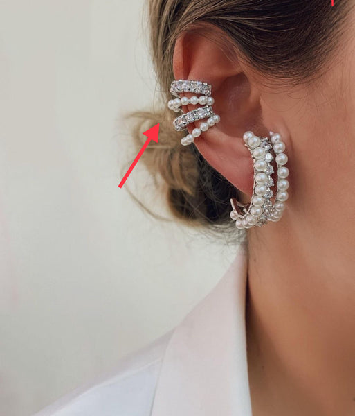 Ear Cuff Clip on White Rhodium and Pearls