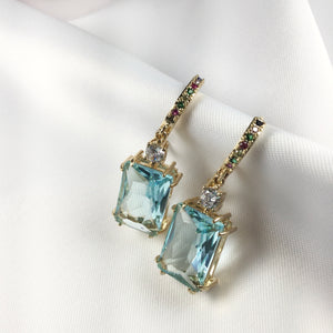 Fancy Rectangle Aquamarine Crystal Earrings 18k Gold Plated