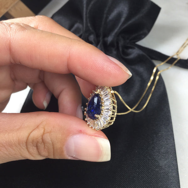 Sapphire fusion Drop Necklace 18K Gold Plated and  baguettes