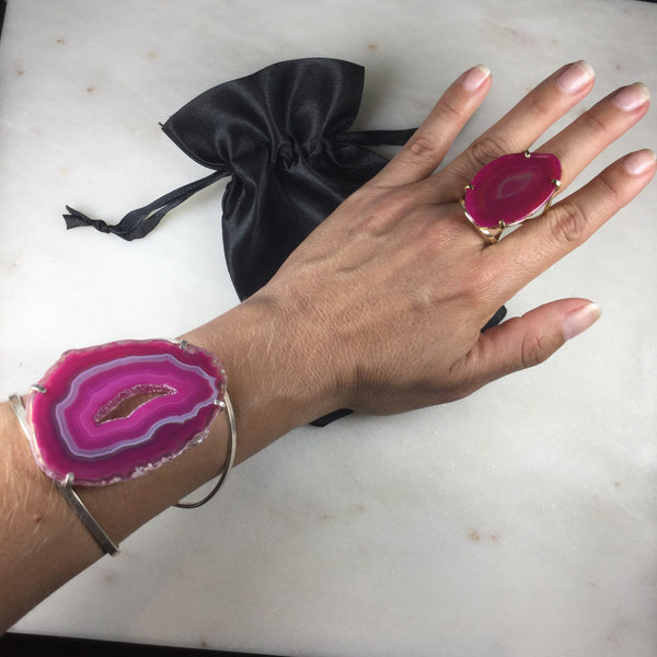 Statement Pink agate Silver Plated Arc Bracelet Adjustable