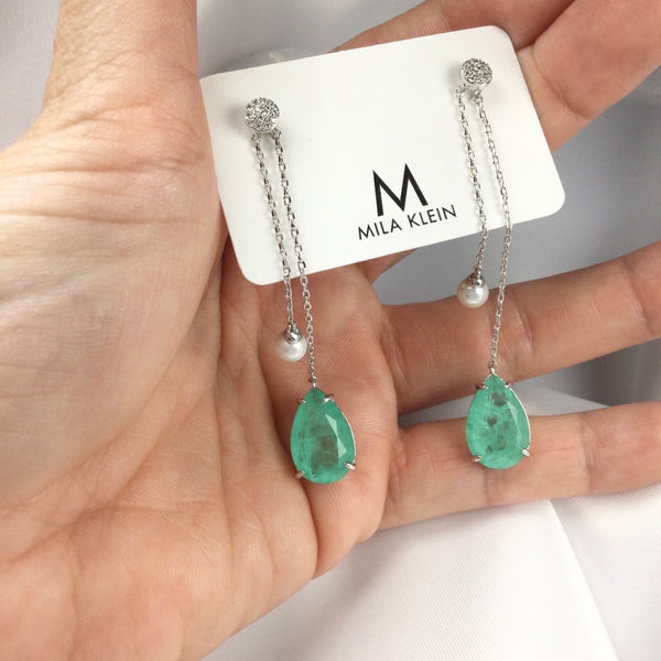 Drop Shape Stud Earrings Colombian Emerald and Pearl