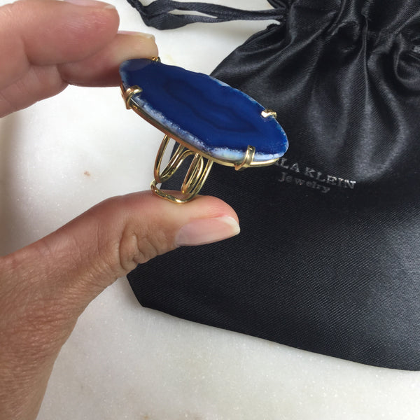 Statement Blue Agate 18k Gold plated wire ring adjustable