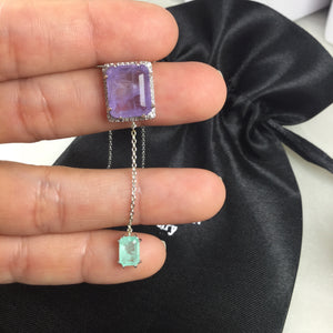 Necklace double square light purple and greenery