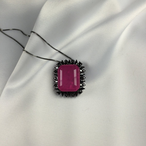 Rectangle Pink Tourmaline fusion stone Black Rhodium Necklace