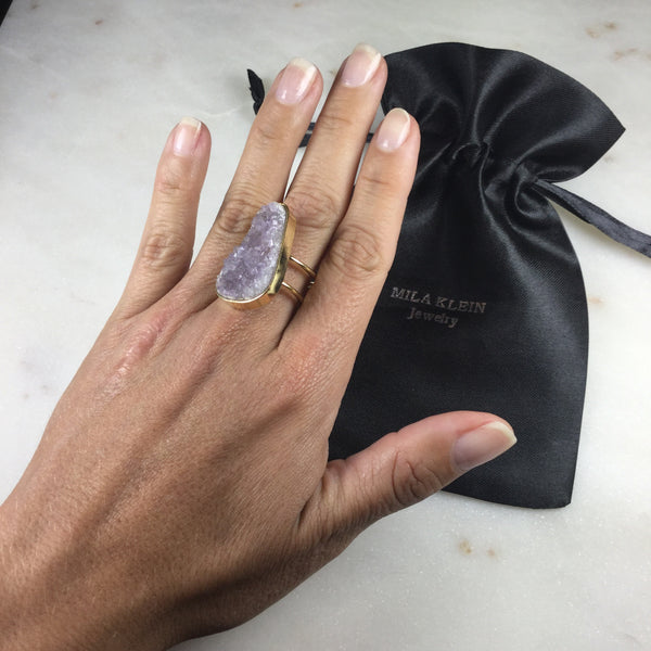 Statement Light Purple Pear Shape 18k Gold Plated Wire Ring Adjustable