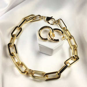 SET Link Choker Necklace 18K Gold Plated Ane Hoop Earrings