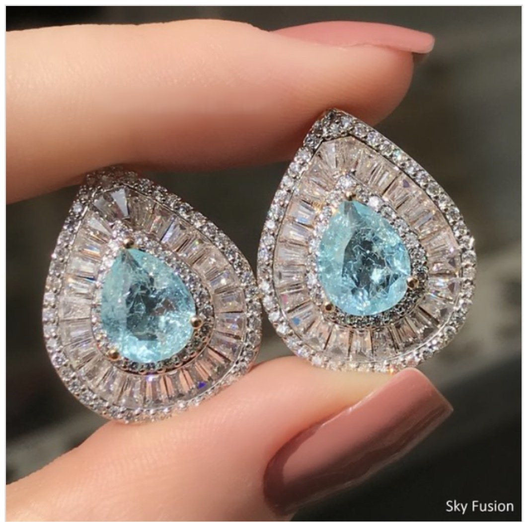 Sky Blue Drop Statement Crystal Baguettes Earrings 18k Gold Plated