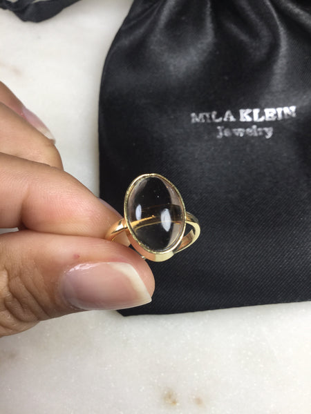 Delicate Smokey Quartz simple band Ring 18K gold Plated Adjustable
