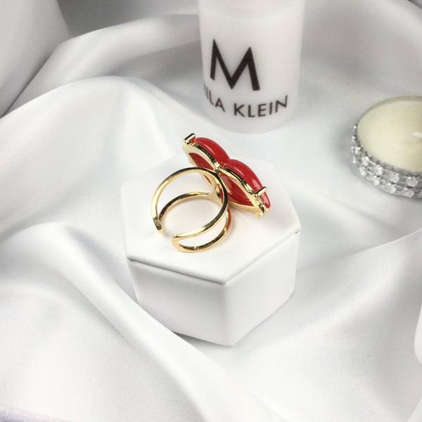 Red Lip Adjustable Ring 18k Gold Plated