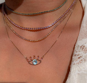 Evil Eye Necklace Light Pink and Aqua Crystal 18k Gold Filled