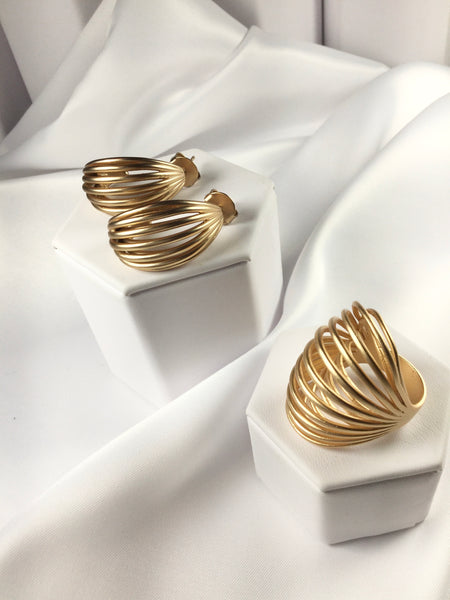 Set Modern Matte Hoop Earrings and Ring 18K Gold Plated
