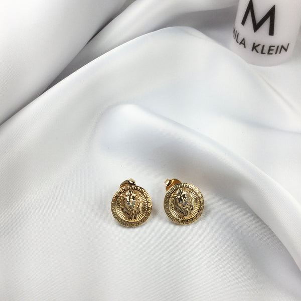 Famous Brand Inspired Lion Earrings Greek Pattern 18k Gold Plated and micro cz