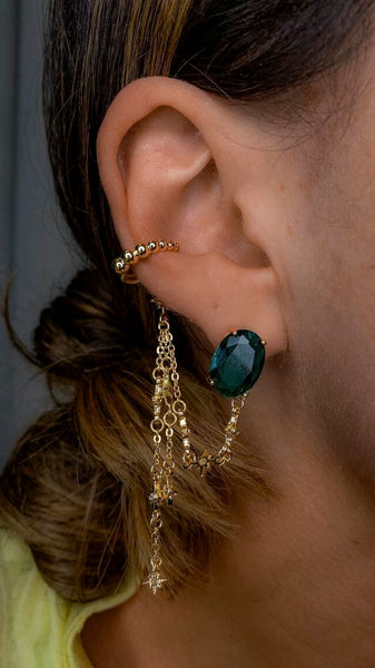 Pair Oval Earrings Ear Cuff Emerald 18k Gold Filled