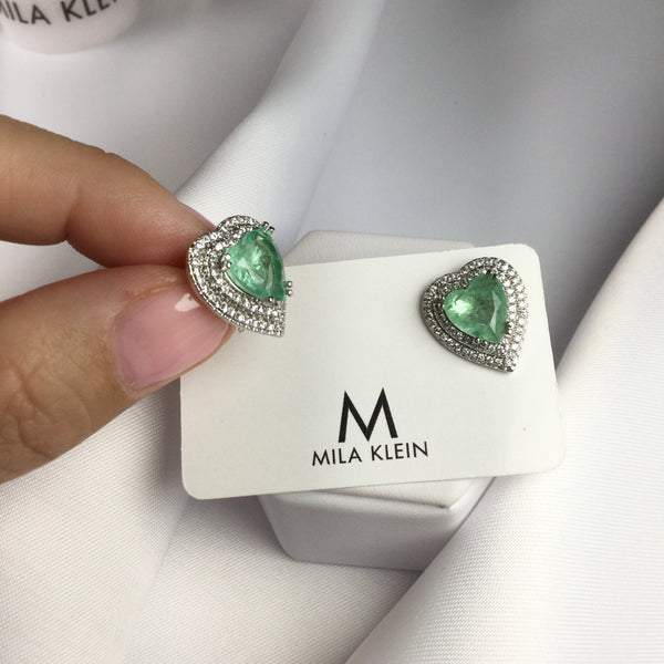 Heart Earrings Greenery stone and diamondettes