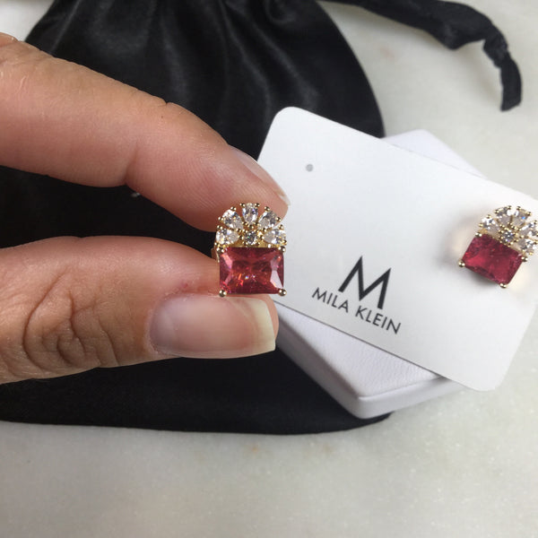 Rectangle rubellite  flower red stone earrings 18k gold plated