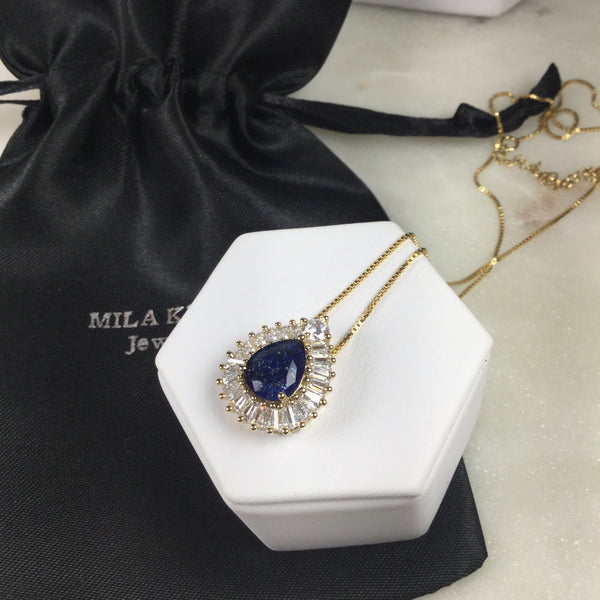 Sapphire fusion Drop Necklace 18K Gold Plated and  baguettes